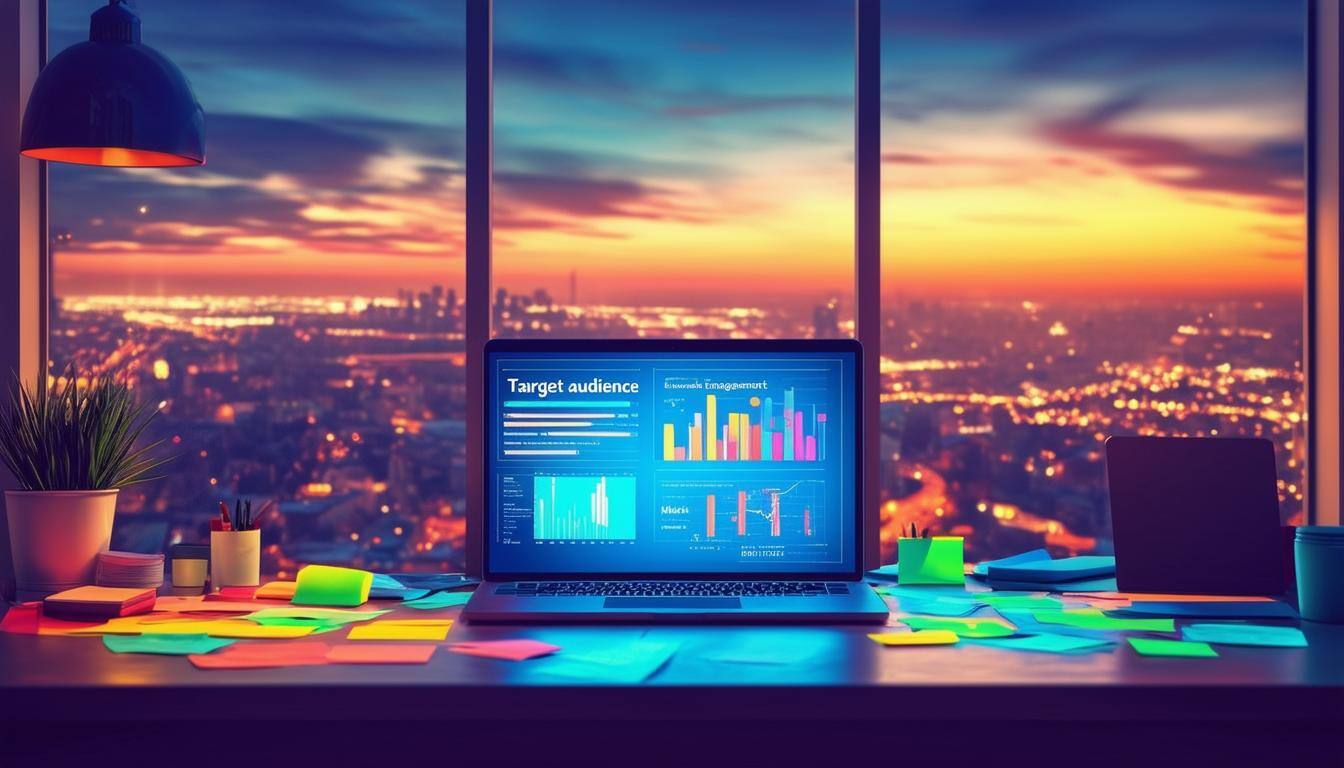 The image features a sleek digital workspace, illuminated by a soft glow from a laptop screen displaying vibrant graphs and charts