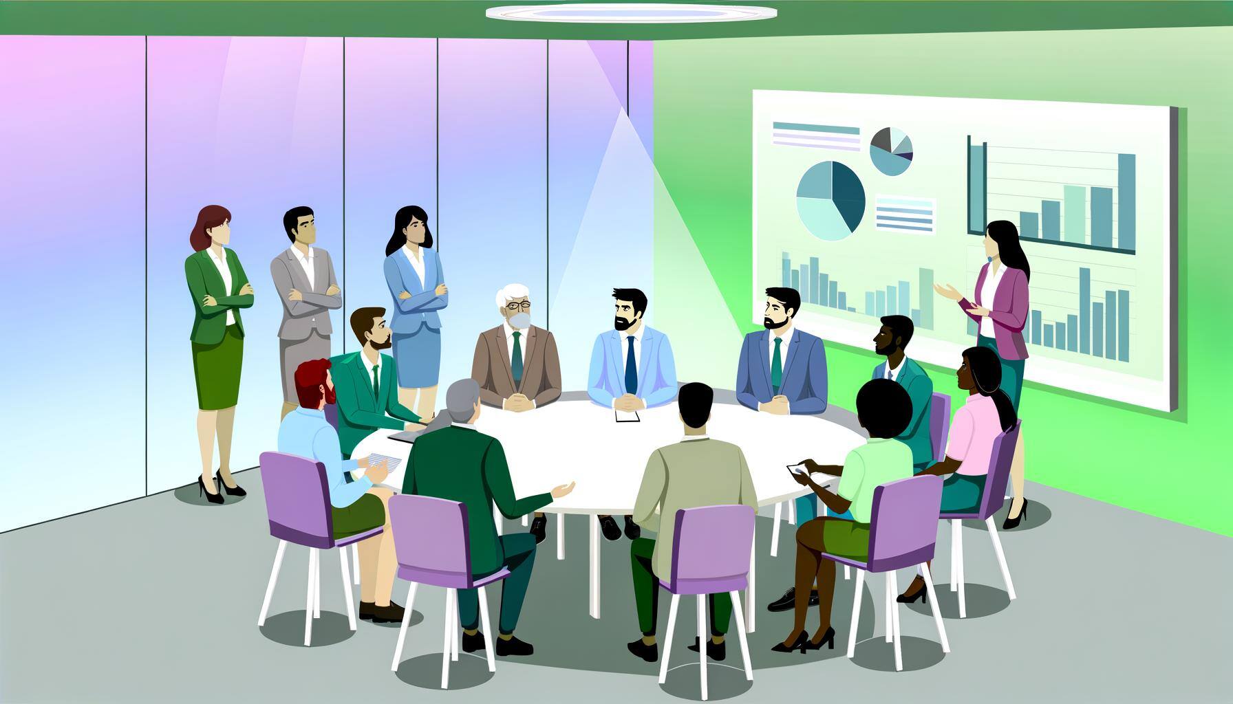 professionals discussion in a room, charts, graphs, light green purple background-1
